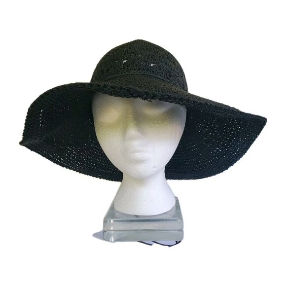 90s BOHO Crochet Straw Paper Beach/Garden Sun Hat BLK Floppy Wide Brim Vtg READ - Picture 1 of 9